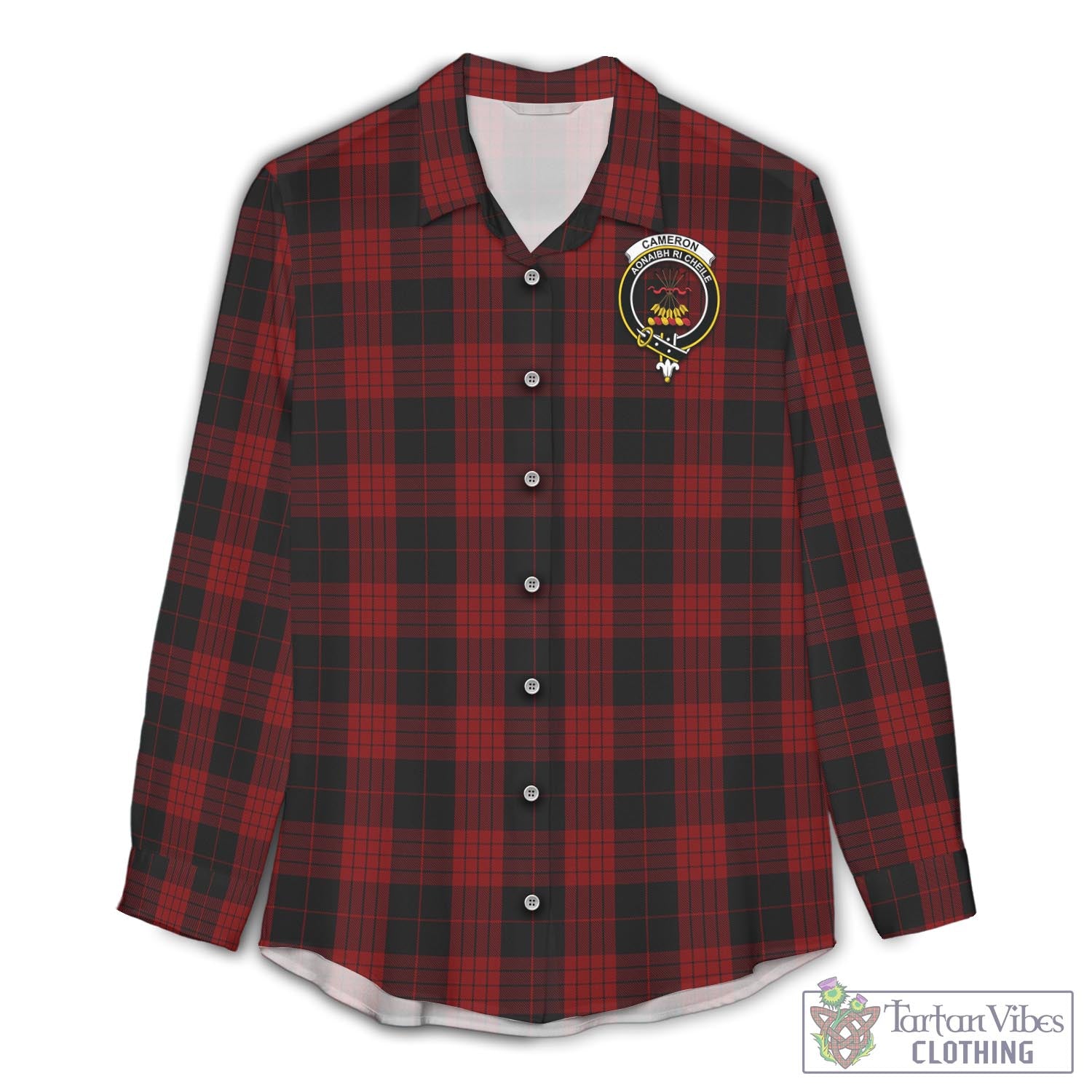 Tartan Vibes Clothing Cameron Black and Red Tartan Womens Casual Shirt with Family Crest
