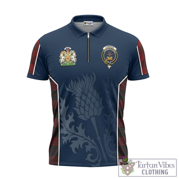 Cameron Black and Red Tartan Zipper Polo Shirt with Family Crest and Scottish Thistle Vibes Sport Style
