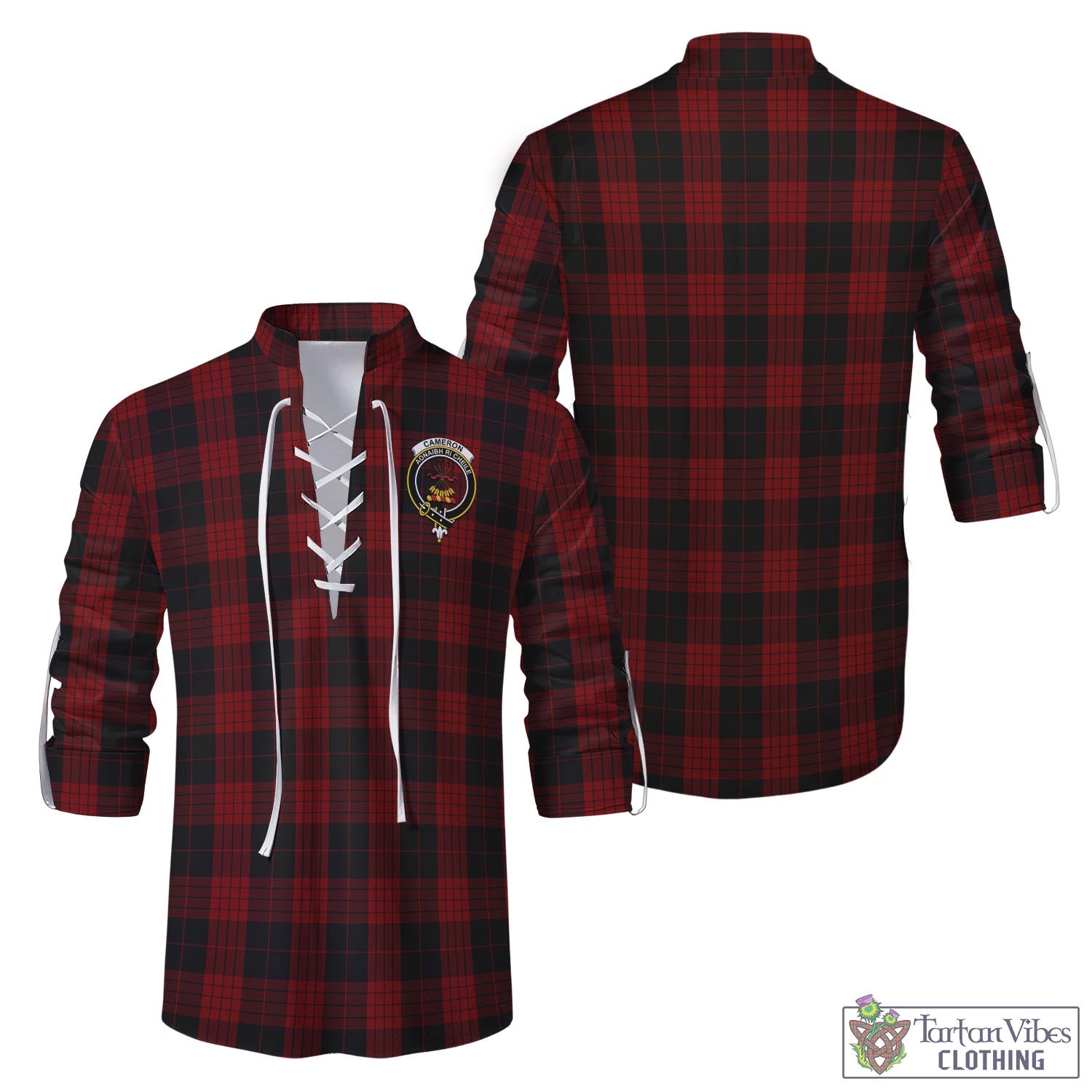 Tartan Vibes Clothing Cameron Black and Red Tartan Men's Scottish Traditional Jacobite Ghillie Kilt Shirt with Family Crest