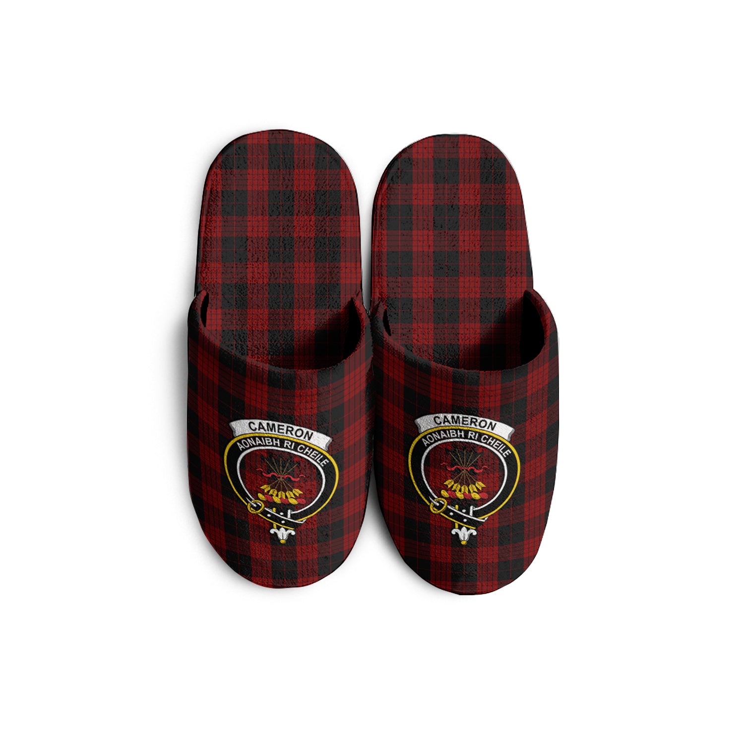 Cameron Black and Red Tartan Home Slippers with Family Crest - Tartanvibesclothing