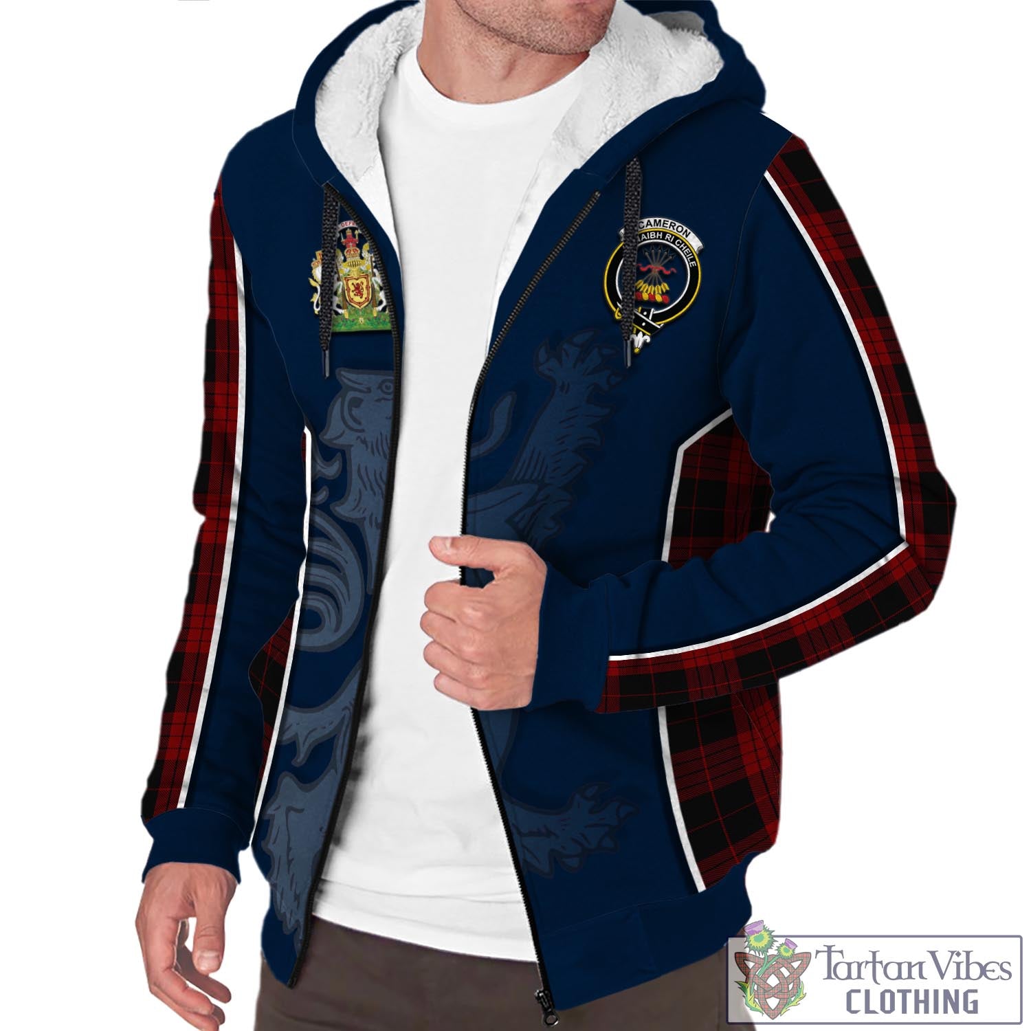 Tartan Vibes Clothing Cameron Black and Red Tartan Sherpa Hoodie with Family Crest and Lion Rampant Vibes Sport Style
