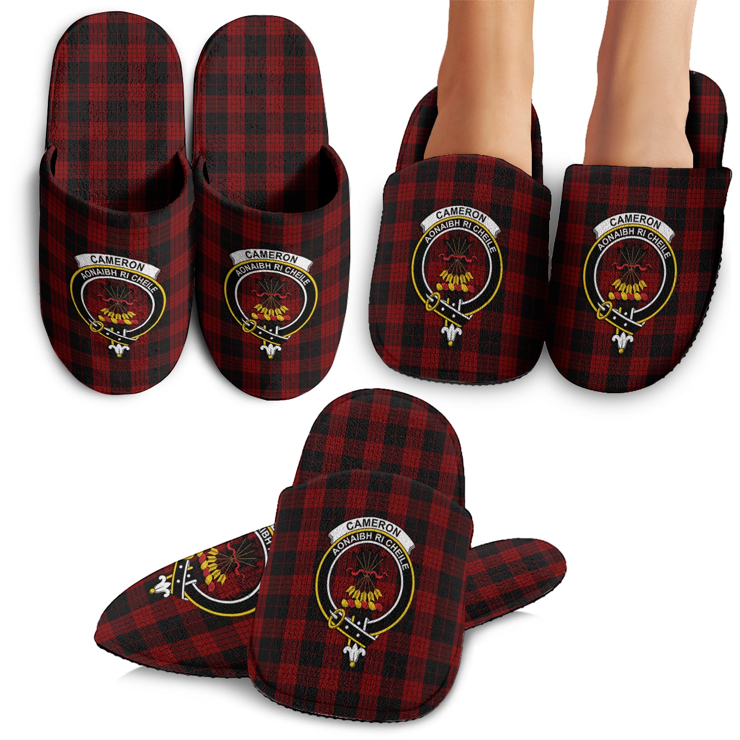 Cameron Black and Red Tartan Home Slippers with Family Crest - Tartanvibesclothing