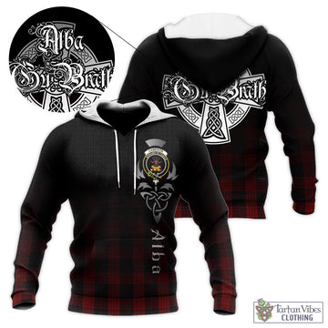 Cameron Black and Red Tartan Knitted Hoodie Featuring Alba Gu Brath Family Crest Celtic Inspired