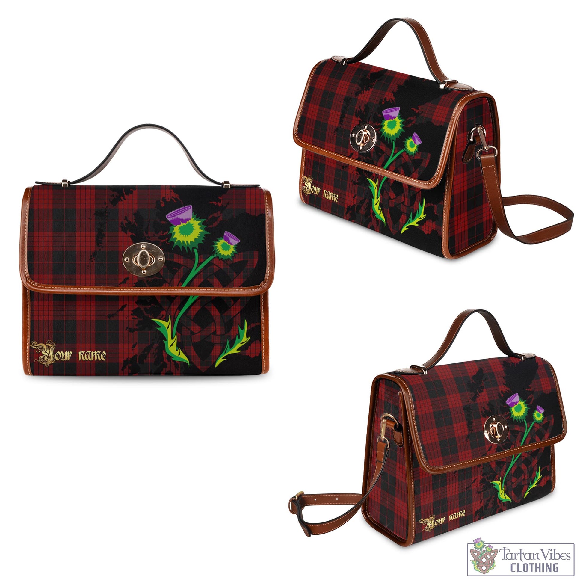 Tartan Vibes Clothing Cameron Black and Red Tartan Waterproof Canvas Bag with Scotland Map and Thistle Celtic Accents