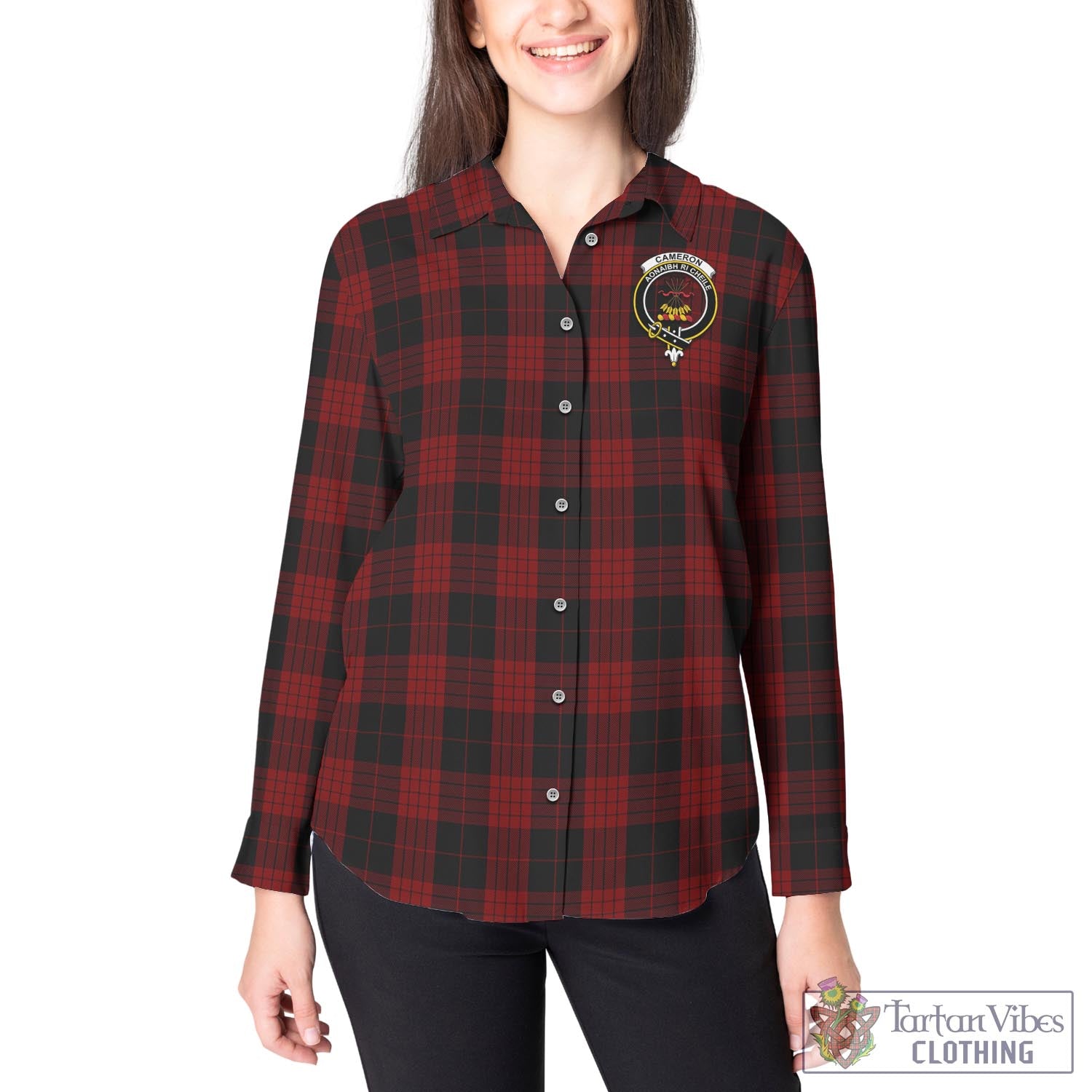 Tartan Vibes Clothing Cameron Black and Red Tartan Womens Casual Shirt with Family Crest
