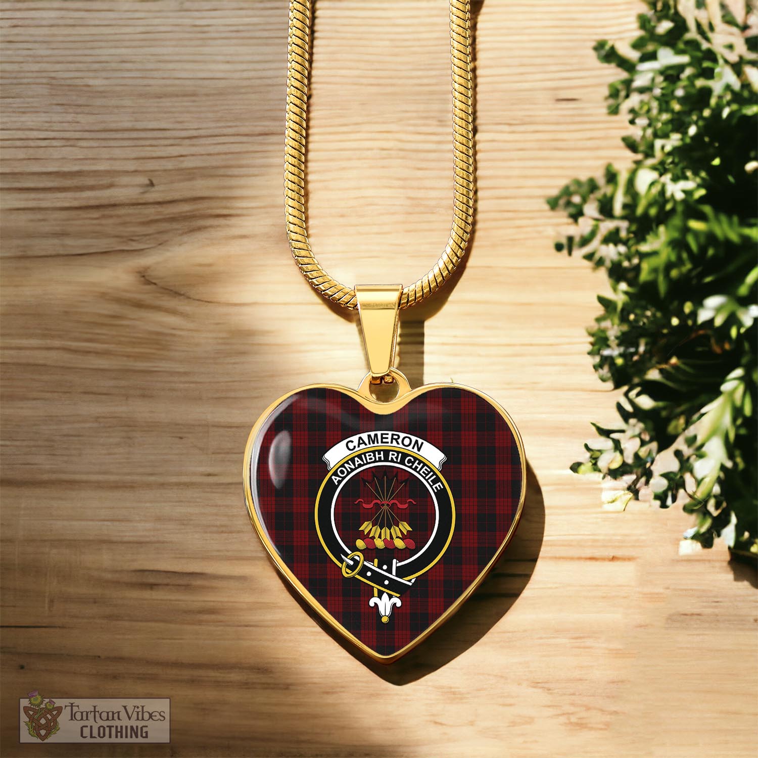 Tartan Vibes Clothing Cameron Black and Red Tartan Heart Necklace with Family Crest