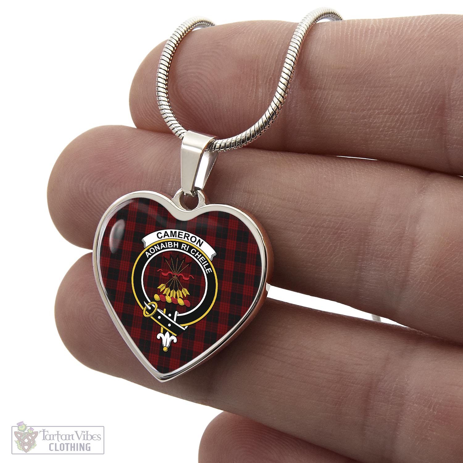 Tartan Vibes Clothing Cameron Black and Red Tartan Heart Necklace with Family Crest