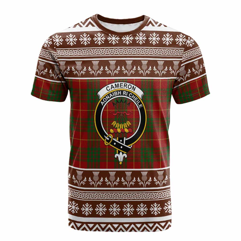 Cameron Clan Tartan Christmas Cotton T-shirt with Family Crest - Tartan Vibes Clothing