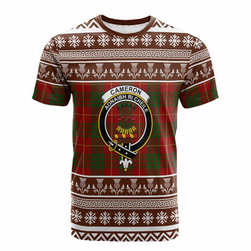 Cameron Clan Tartan Christmas Cotton T-shirt with Family Crest