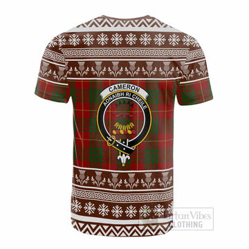 Cameron Clan Tartan Christmas Cotton T-shirt with Family Crest