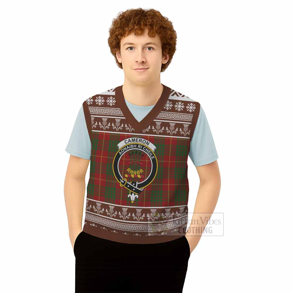 Cameron Clan Tartan Christmas Knitted V-Neck Vest with Family Crest - Tartan Vibes Clothing