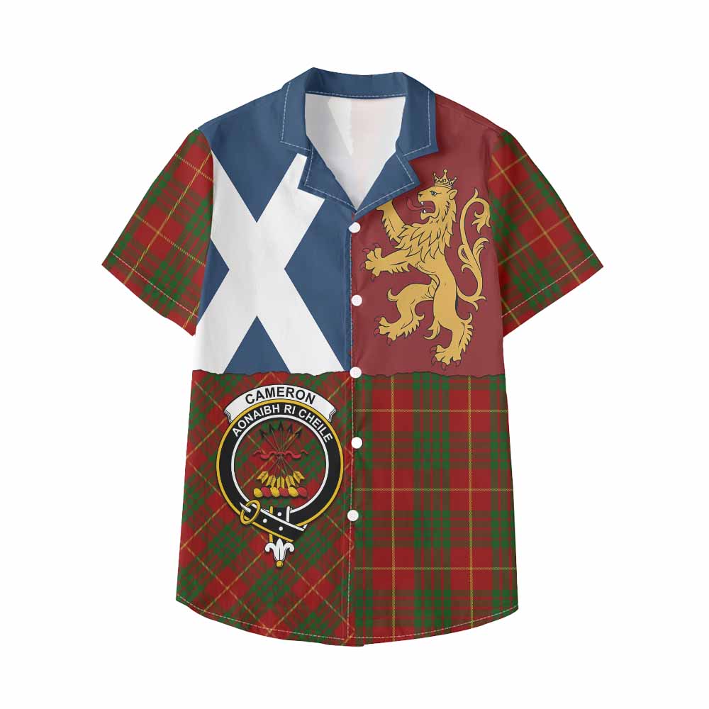 Cameron Crest Tartan Kid Hawaiian Shirt with Lion Rampant Saltire Style - Tartan Vibes Clothing