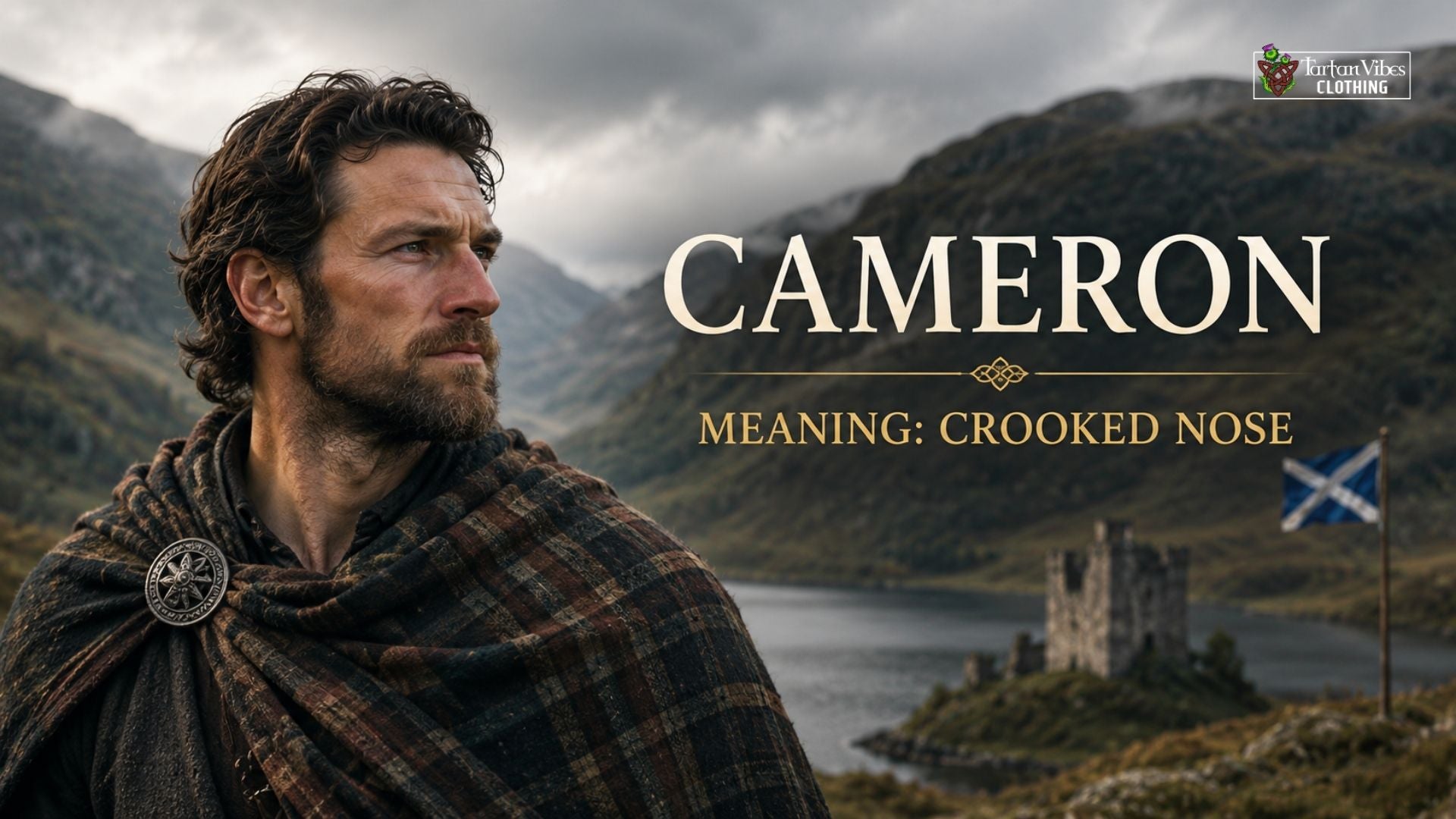 Cameron descriptive Scottish surname meaning crooked nose with Highland landscape
