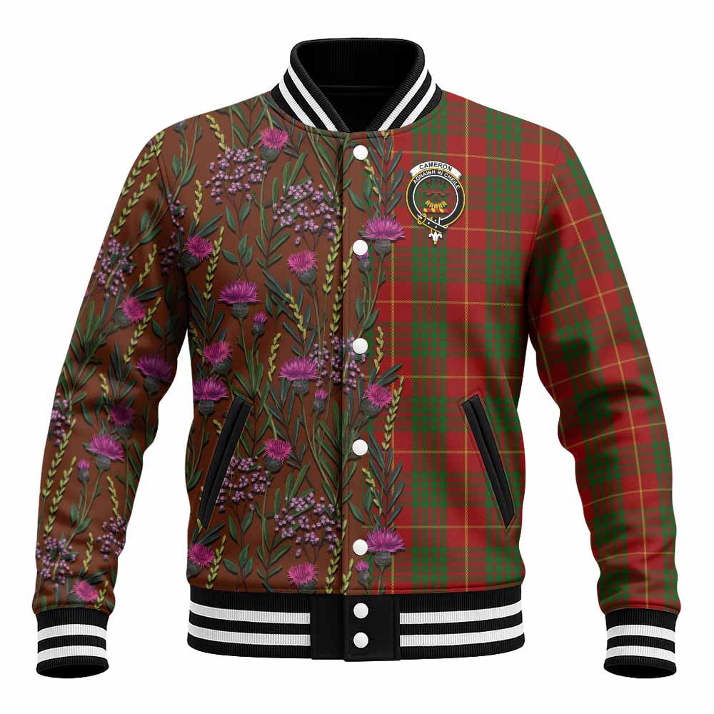 Cameron Family Crest Tartan Baseball Jacket Scottish Thistle Flower Pattern Half Style - Tartan Vibes Clothing