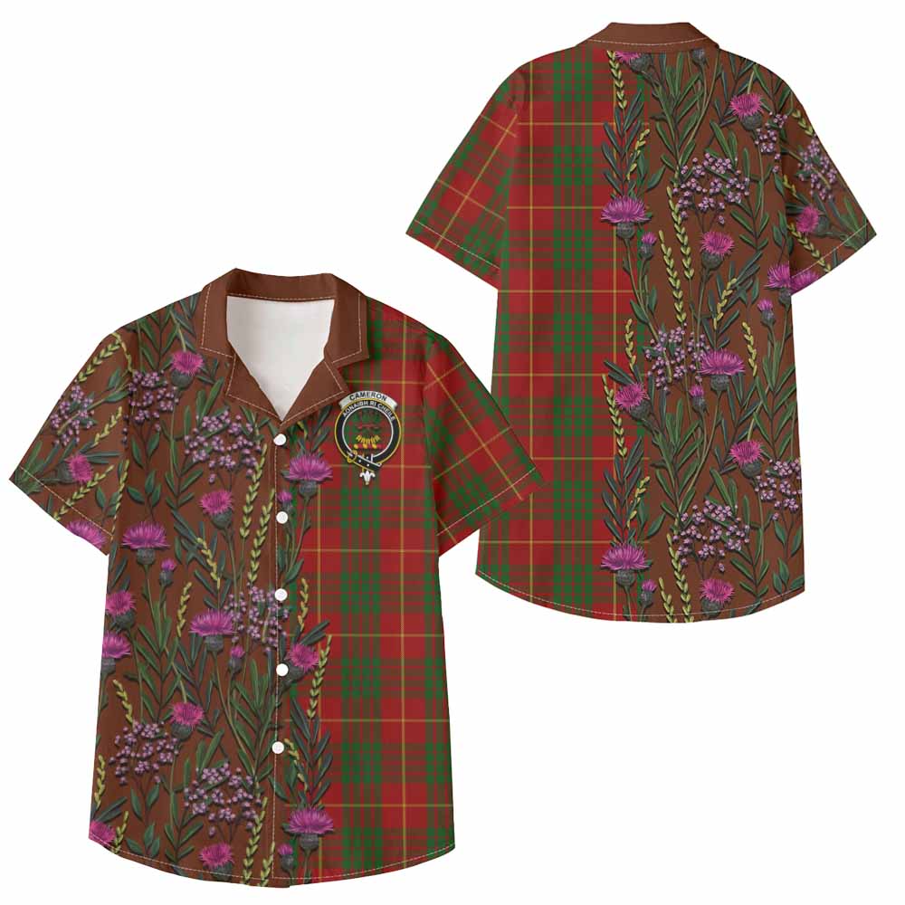 Cameron Family Crest Tartan Kid Hawaiian Shirt Scottish Thistle Flower Pattern Half Style - Tartan Vibes Clothing