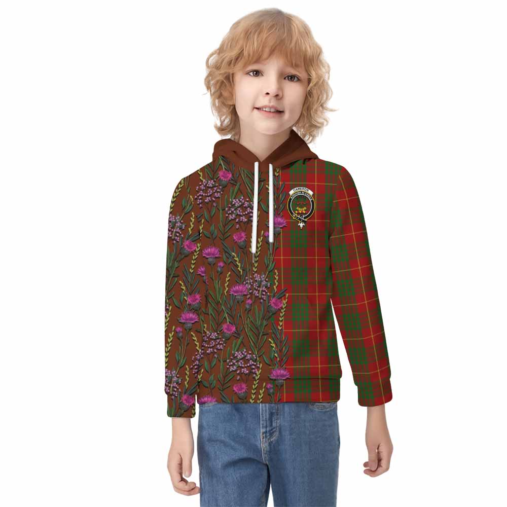 Cameron Family Crest Tartan Kid Hoodie Scottish Thistle Flower Pattern Half Style - Tartan Vibes Clothing