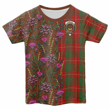 Cameron Family Crest Tartan Kid T-shirt Scottish Thistle Flower Pattern Half Style - Tartan Vibes Clothing