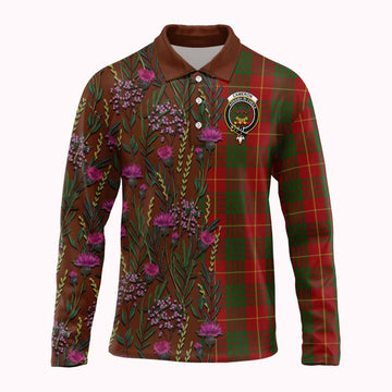 Cameron Family Crest Tartan Long Sleeve Polo Shirt Scottish Thistle Flower Pattern Half Style