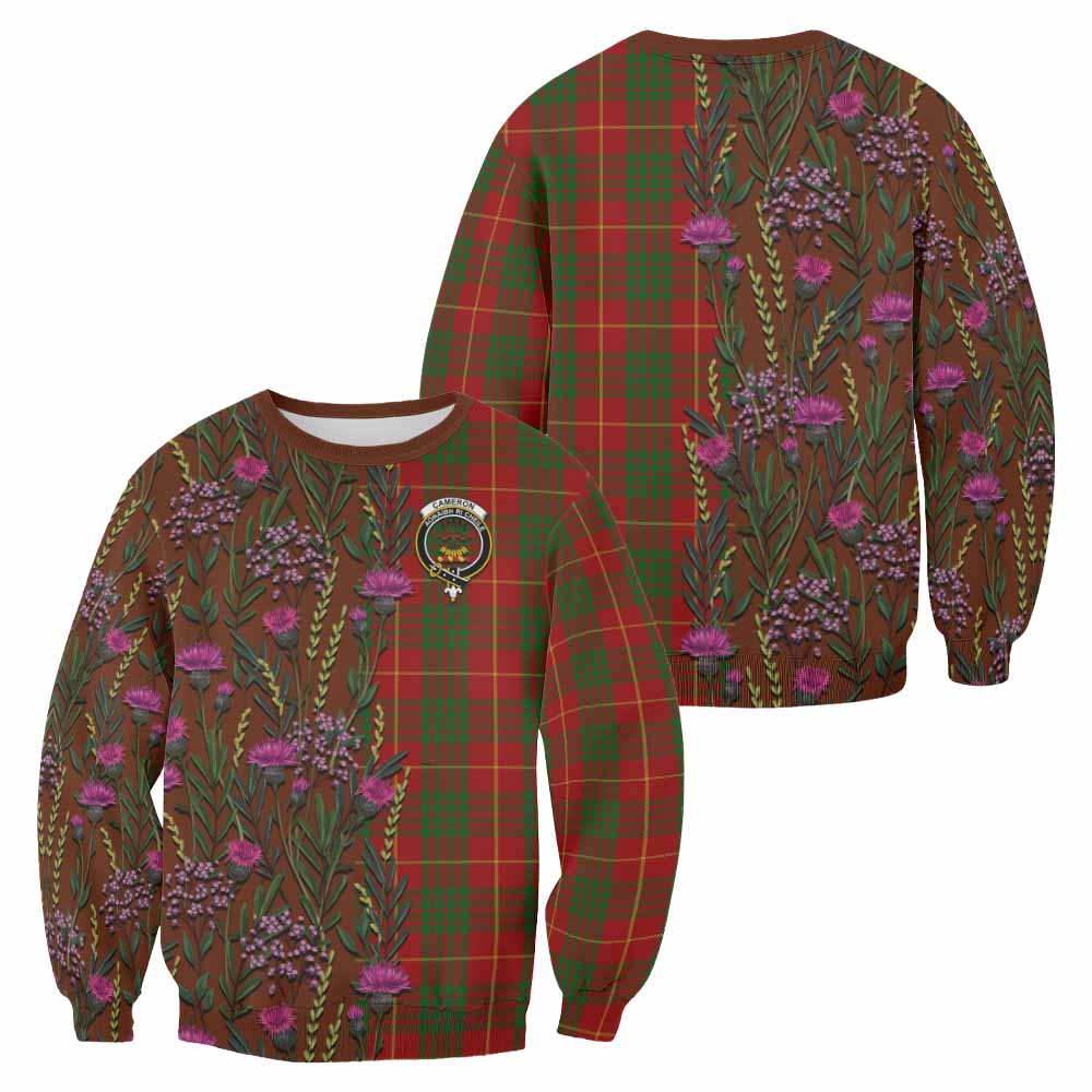Cameron Family Crest Tartan Sweatshirt Scottish Thistle Flower Pattern Half Style - Tartan Vibes Clothing