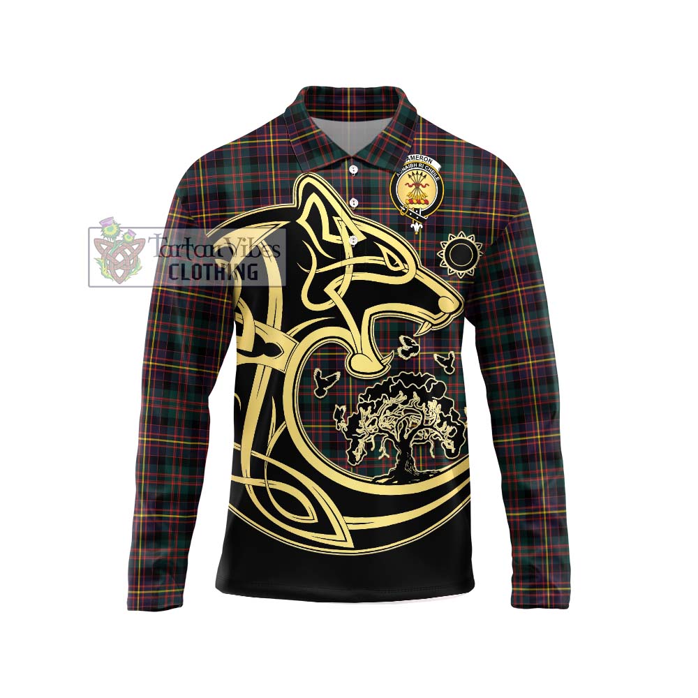Cameron Highlanders of Ottawa Tartan Long Sleeve Polo Shirt with Family Crest Celtic Wolf Style Unisex - Tartanvibesclothing Shop