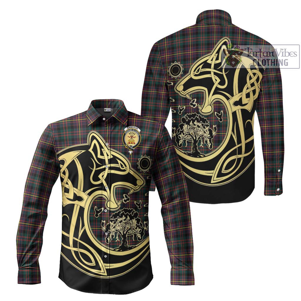 Cameron Highlanders of Ottawa Tartan Long Sleeve Button Shirt with Family Crest Celtic Wolf Style Men's Shirt S - Tartan Vibes Clothing