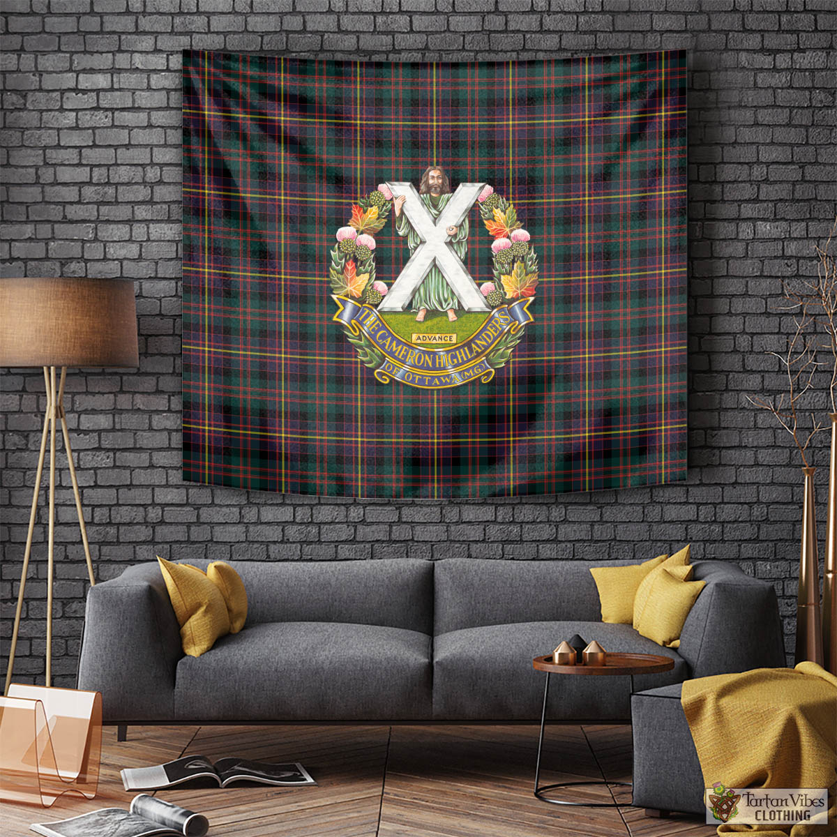 Tartan Vibes Clothing Cameron Highlanders of Ottawa Tartan Tapestry Wall Hanging and Home Decor for Room with Family Crest