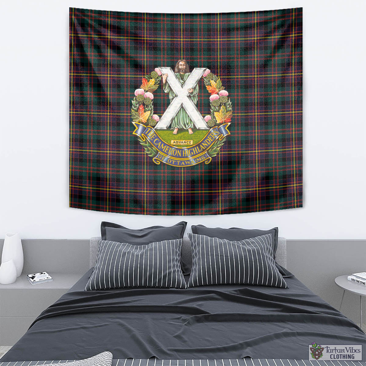 Tartan Vibes Clothing Cameron Highlanders of Ottawa Tartan Tapestry Wall Hanging and Home Decor for Room with Family Crest