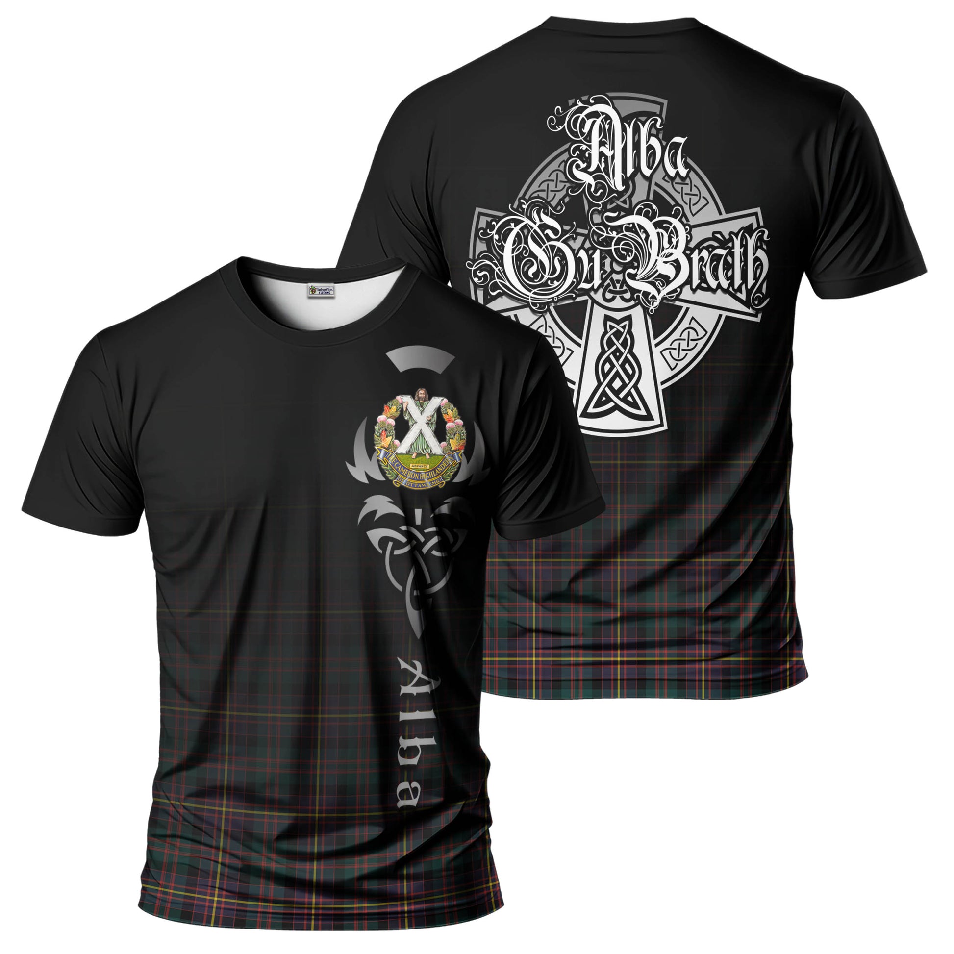 Tartan Vibes Clothing Cameron Highlanders of Ottawa Tartan T-Shirt Featuring Alba Gu Brath Family Crest Celtic Inspired