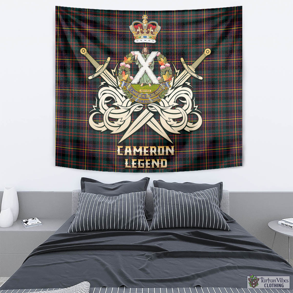 Tartan Vibes Clothing Cameron Highlanders of Ottawa Tartan Tapestry with Clan Crest and the Golden Sword of Courageous Legacy