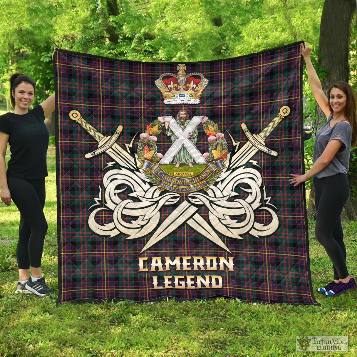 Tartan Vibes Clothing Cameron Highlanders of Ottawa Tartan Quilt with Clan Crest and the Golden Sword of Courageous Legacy