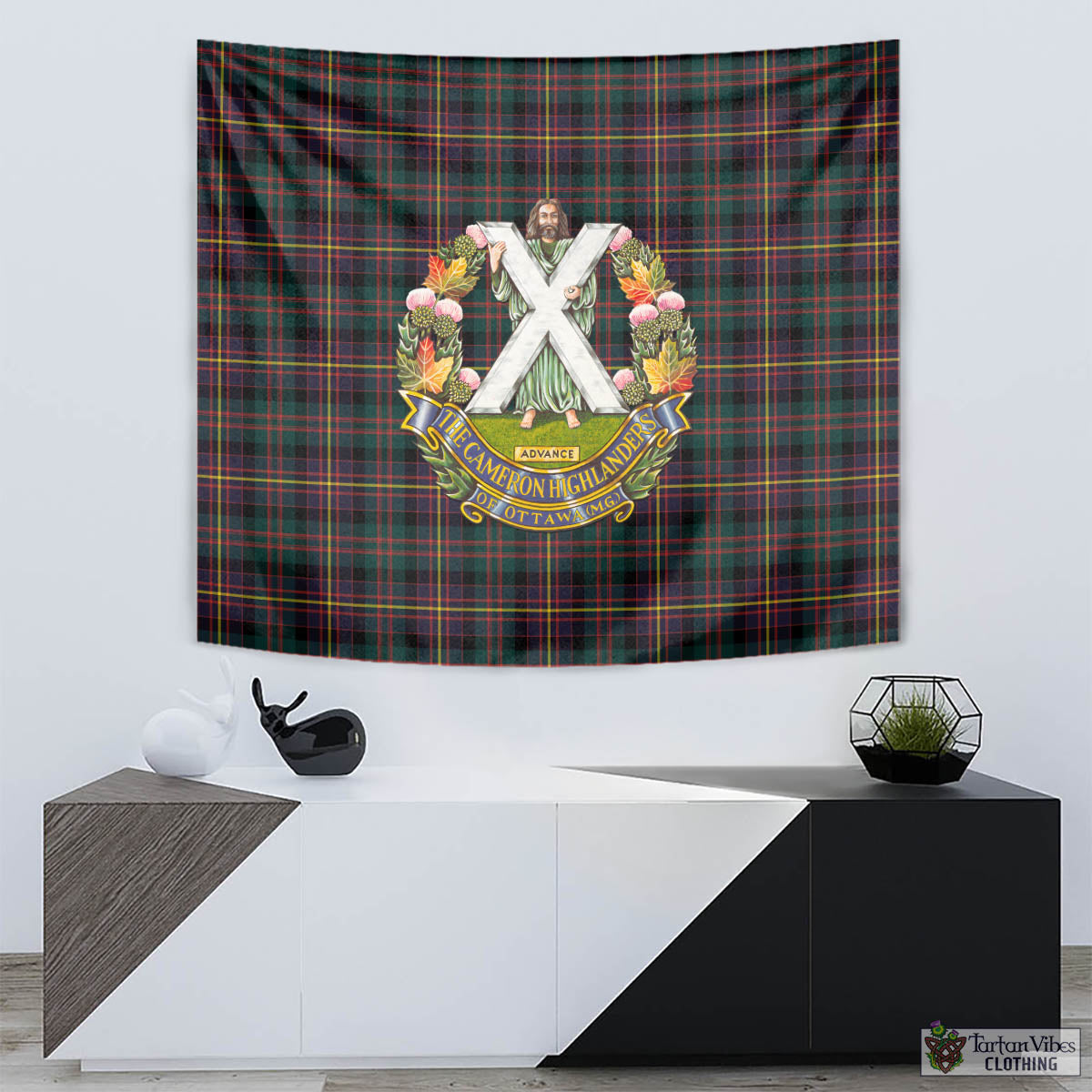 Tartan Vibes Clothing Cameron Highlanders of Ottawa Tartan Tapestry Wall Hanging and Home Decor for Room with Family Crest