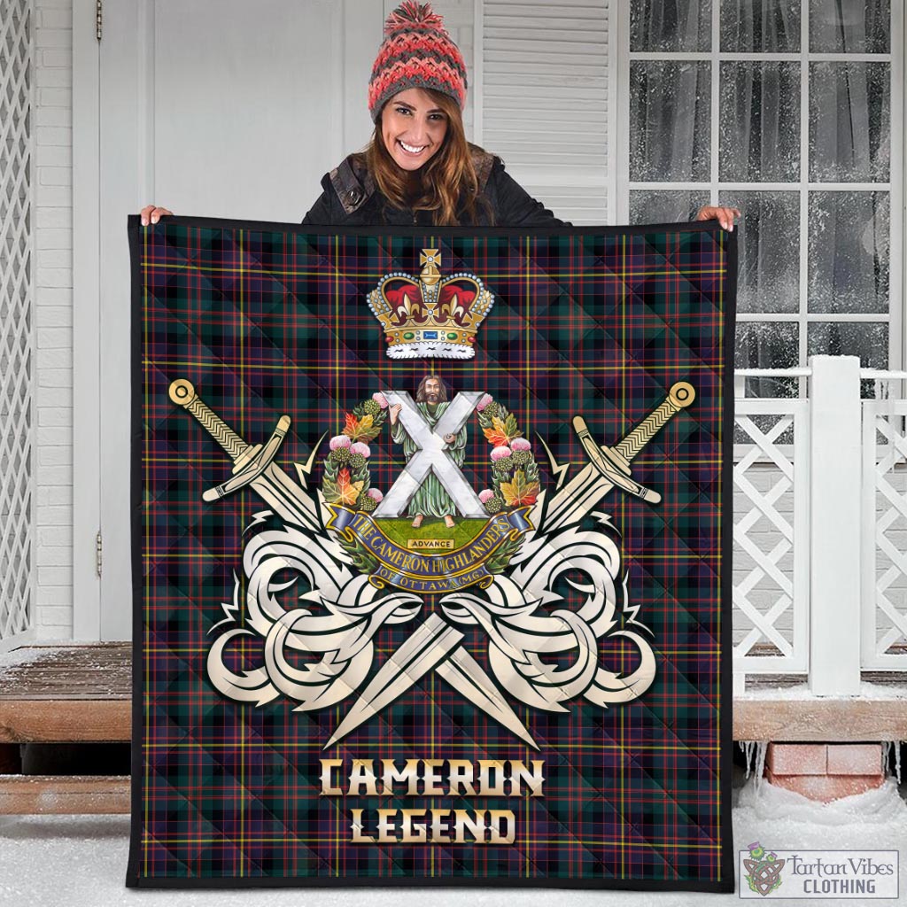 Tartan Vibes Clothing Cameron Highlanders of Ottawa Tartan Quilt with Clan Crest and the Golden Sword of Courageous Legacy