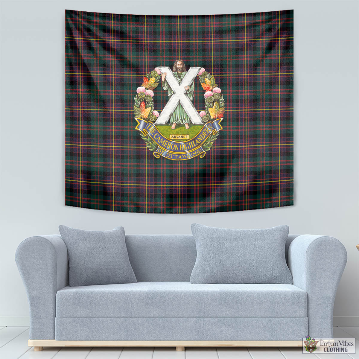 Tartan Vibes Clothing Cameron Highlanders of Ottawa Tartan Tapestry Wall Hanging and Home Decor for Room with Family Crest