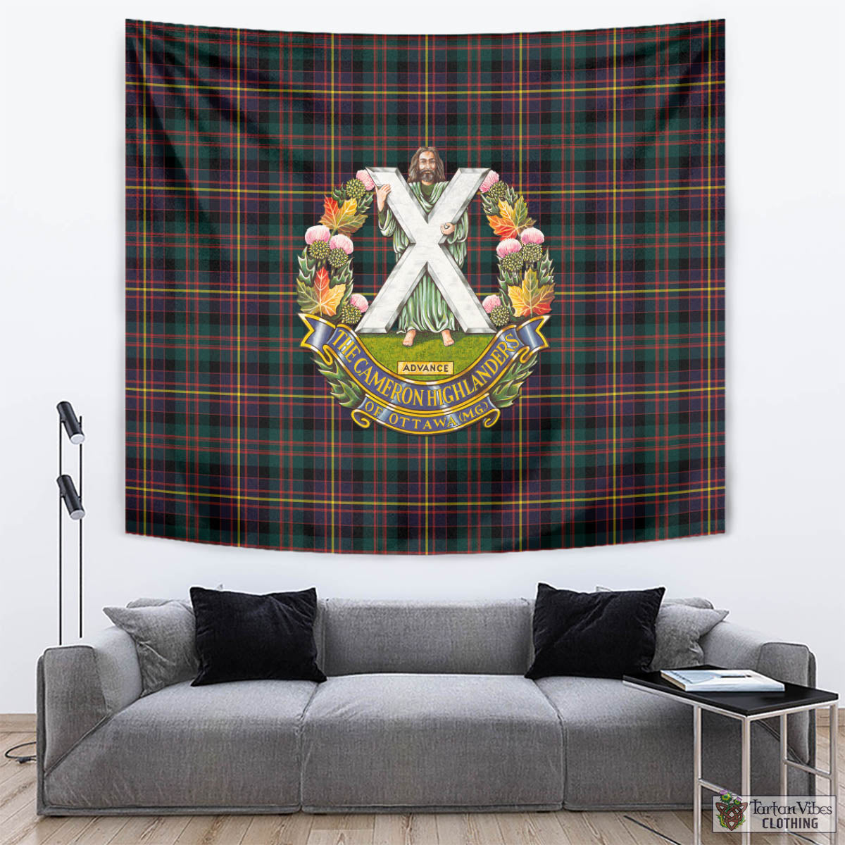 Tartan Vibes Clothing Cameron Highlanders of Ottawa Tartan Tapestry Wall Hanging and Home Decor for Room with Family Crest