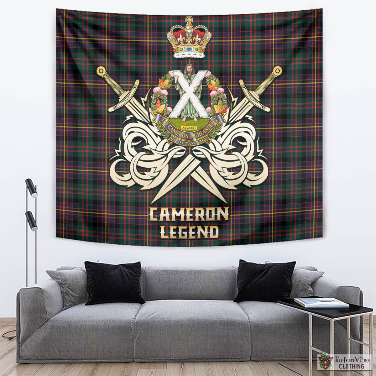 Tartan Vibes Clothing Cameron Highlanders of Ottawa Tartan Tapestry with Clan Crest and the Golden Sword of Courageous Legacy