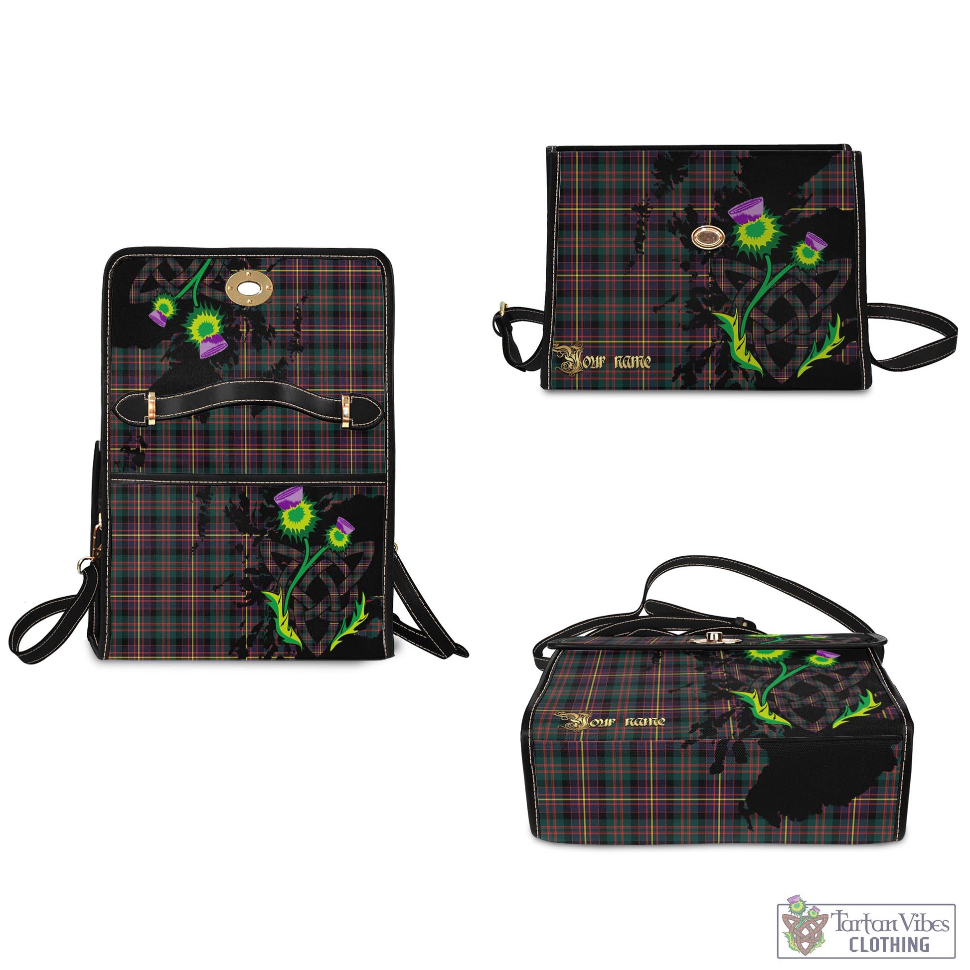 Tartan Vibes Clothing Cameron Highlanders of Ottawa Tartan Waterproof Canvas Bag with Scotland Map and Thistle Celtic Accents