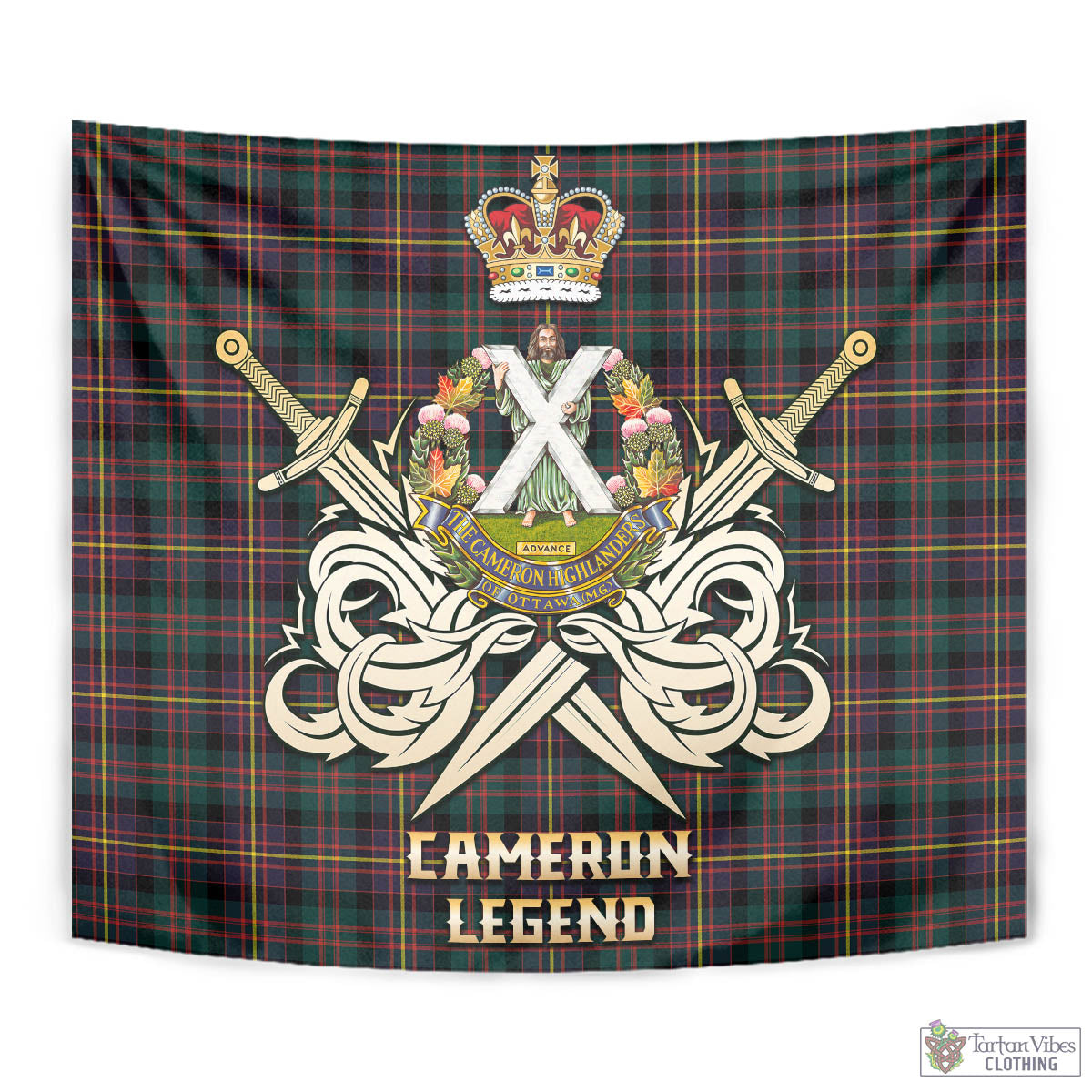 Tartan Vibes Clothing Cameron Highlanders of Ottawa Tartan Tapestry with Clan Crest and the Golden Sword of Courageous Legacy