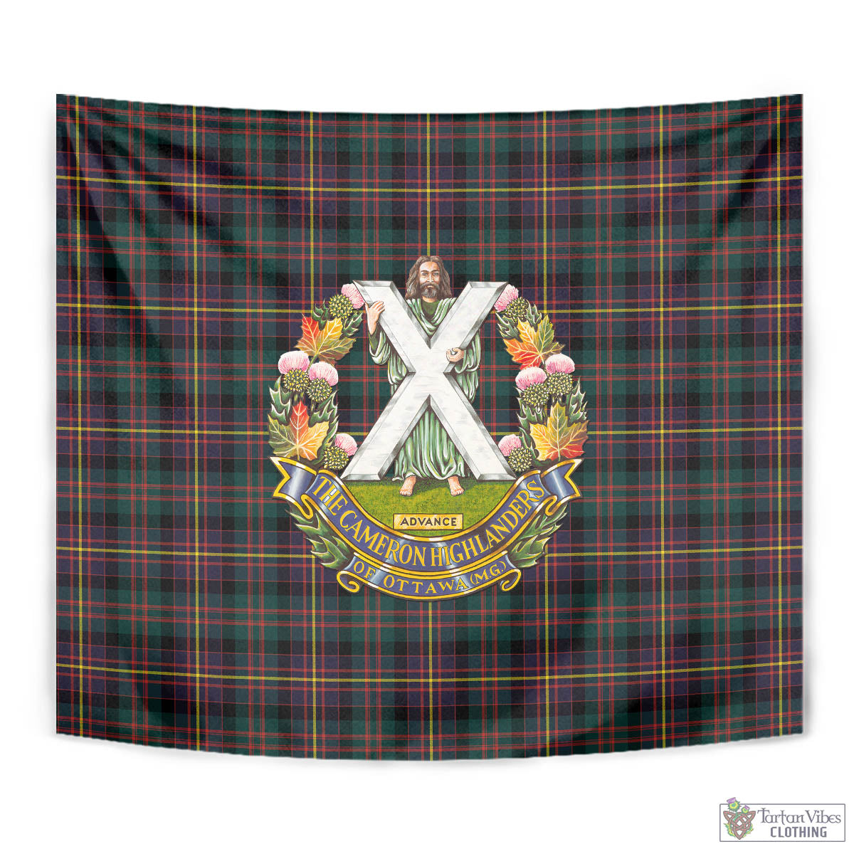 Tartan Vibes Clothing Cameron Highlanders of Ottawa Tartan Tapestry Wall Hanging and Home Decor for Room with Family Crest