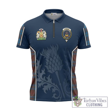 Cameron Hunting Tartan Zipper Polo Shirt with Family Crest and Scottish Thistle Vibes Sport Style