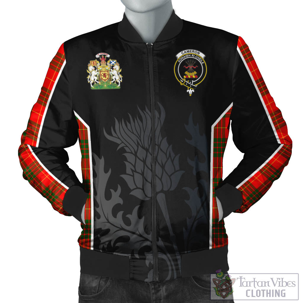 Tartan Vibes Clothing Cameron Modern Tartan Bomber Jacket with Family Crest and Scottish Thistle Vibes Sport Style