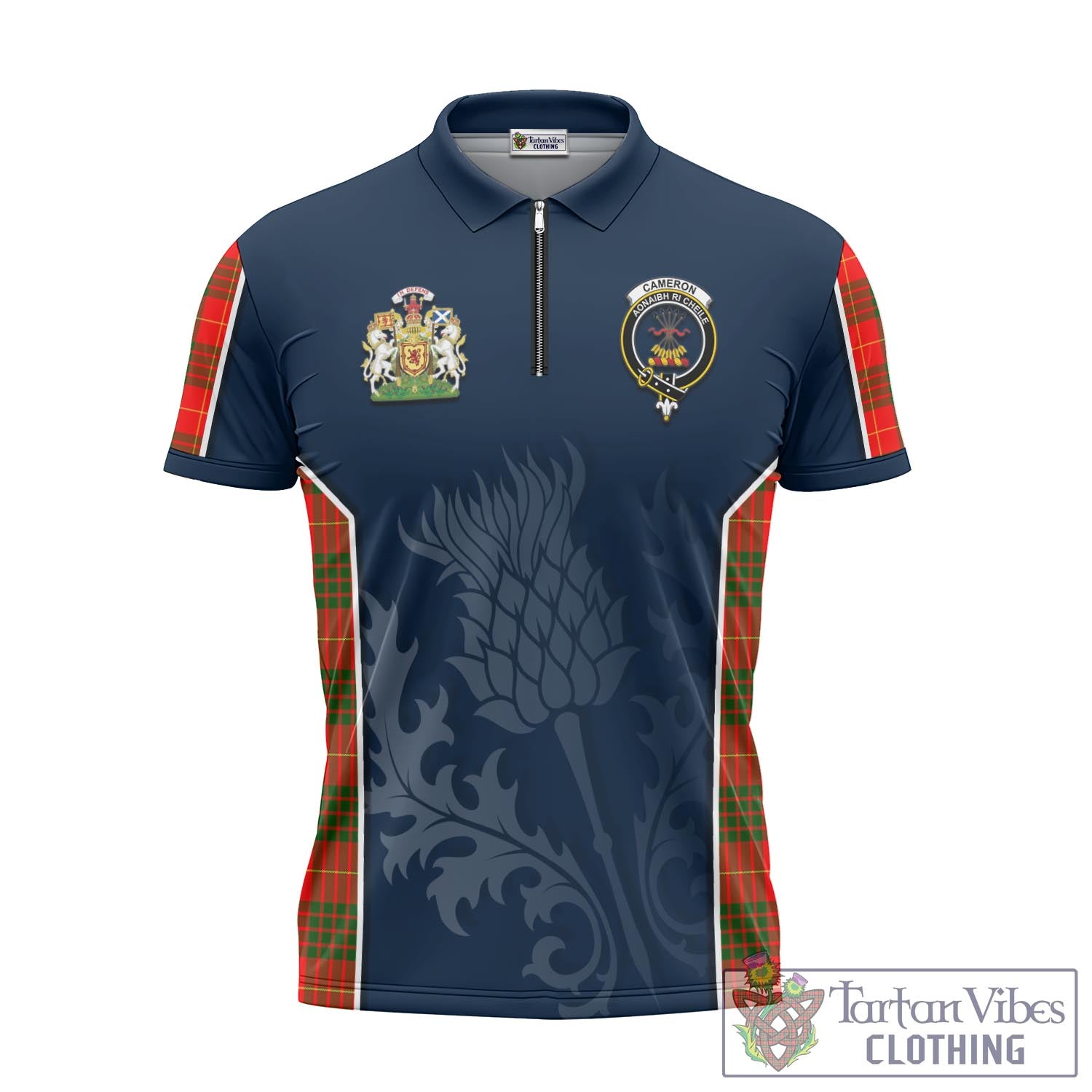 Tartan Vibes Clothing Cameron Modern Tartan Zipper Polo Shirt with Family Crest and Scottish Thistle Vibes Sport Style