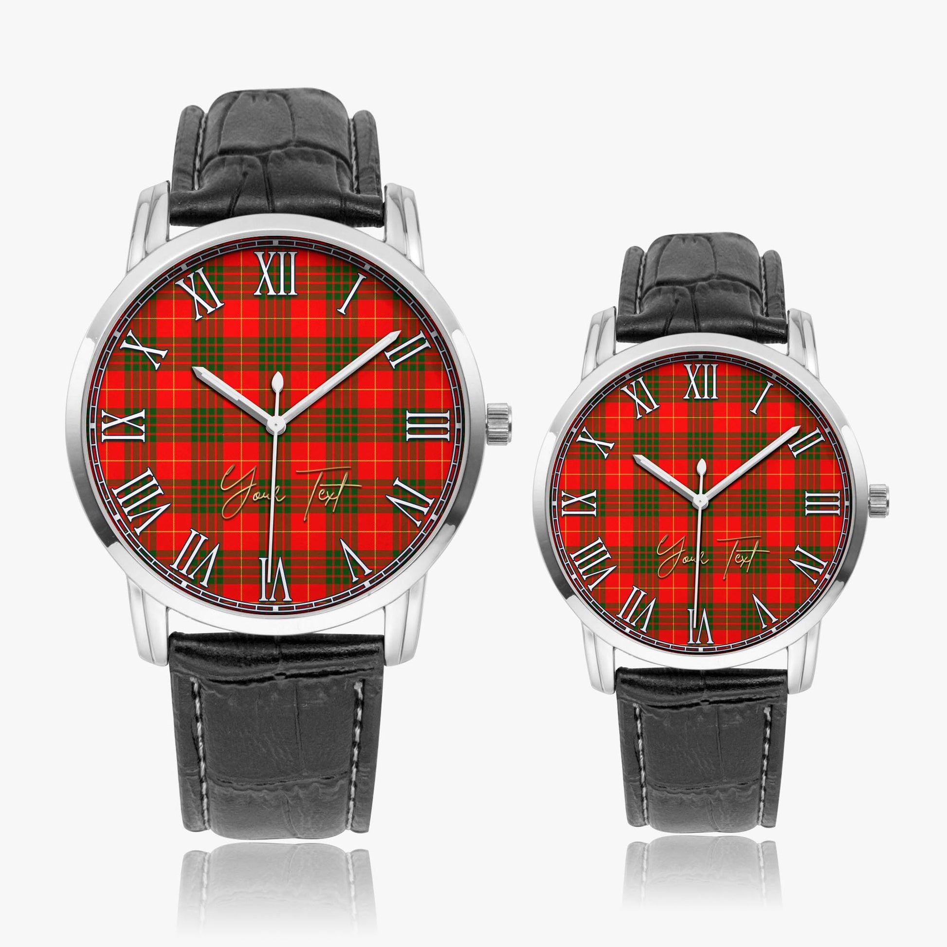 Cameron Modern Tartan Personalized Your Text Leather Trap Quartz Watch Wide Type Silver Case With Black Leather Strap - Tartanvibesclothing