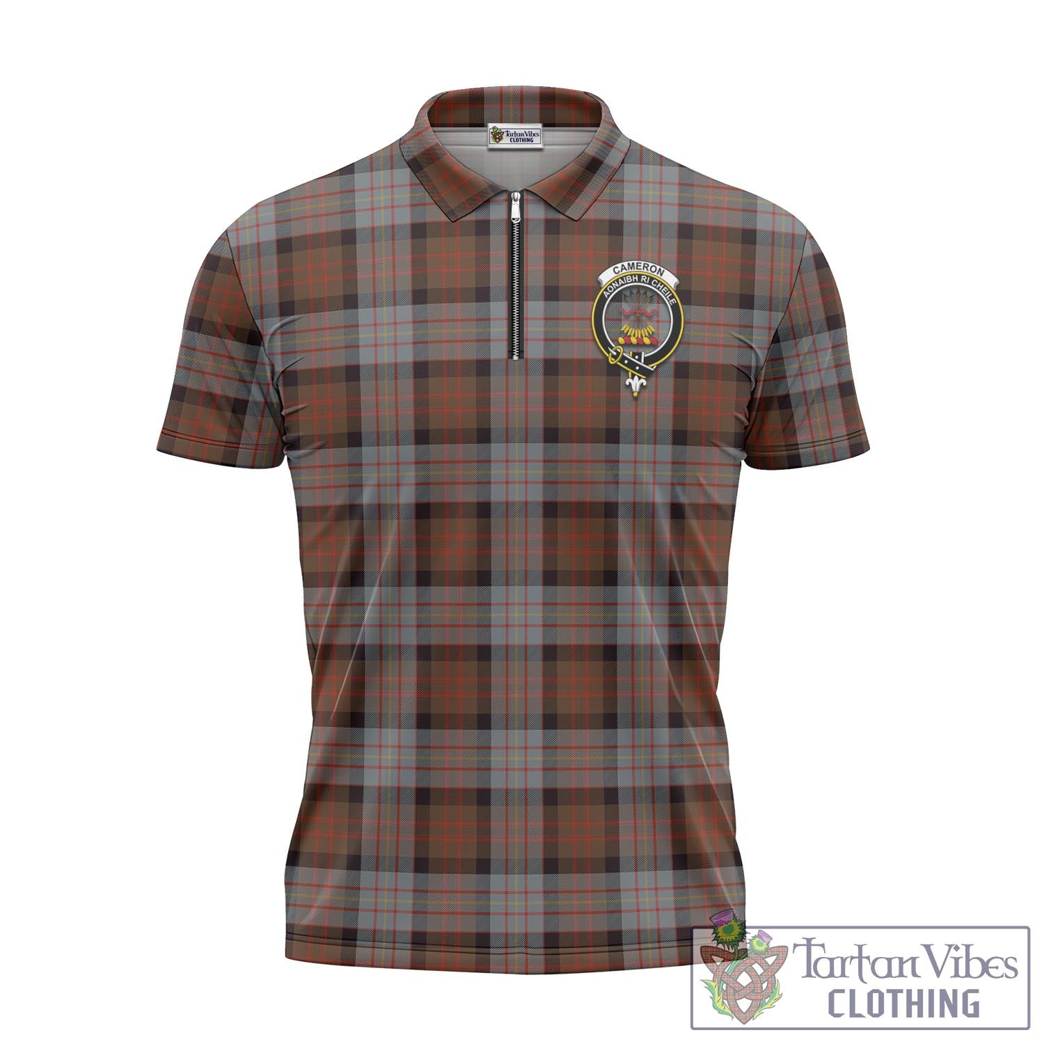 Tartan Vibes Clothing Cameron of Erracht Weathered Tartan Zipper Polo Shirt with Family Crest
