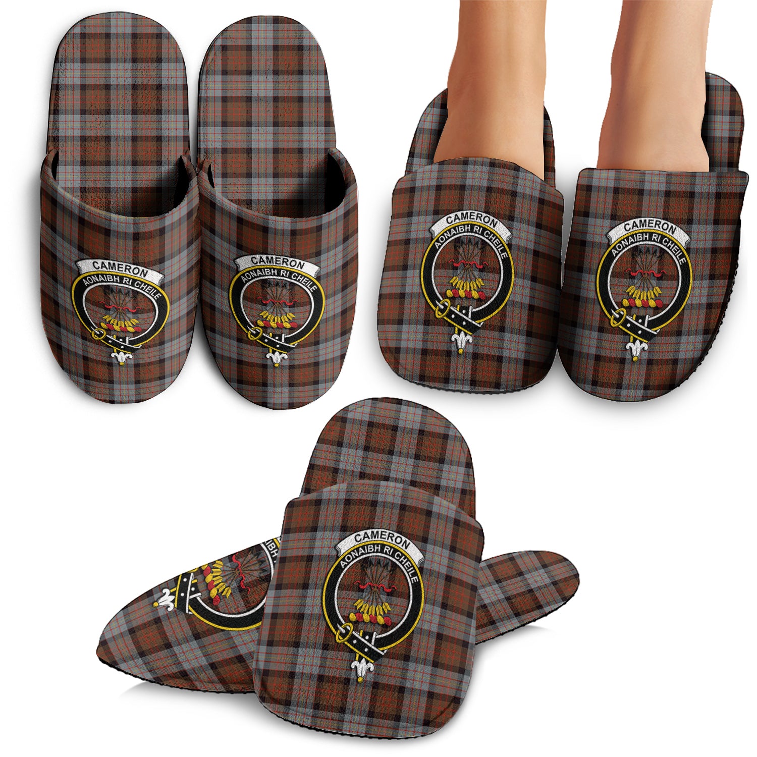 Cameron of Erracht Weathered Tartan Home Slippers with Family Crest - Tartanvibesclothing