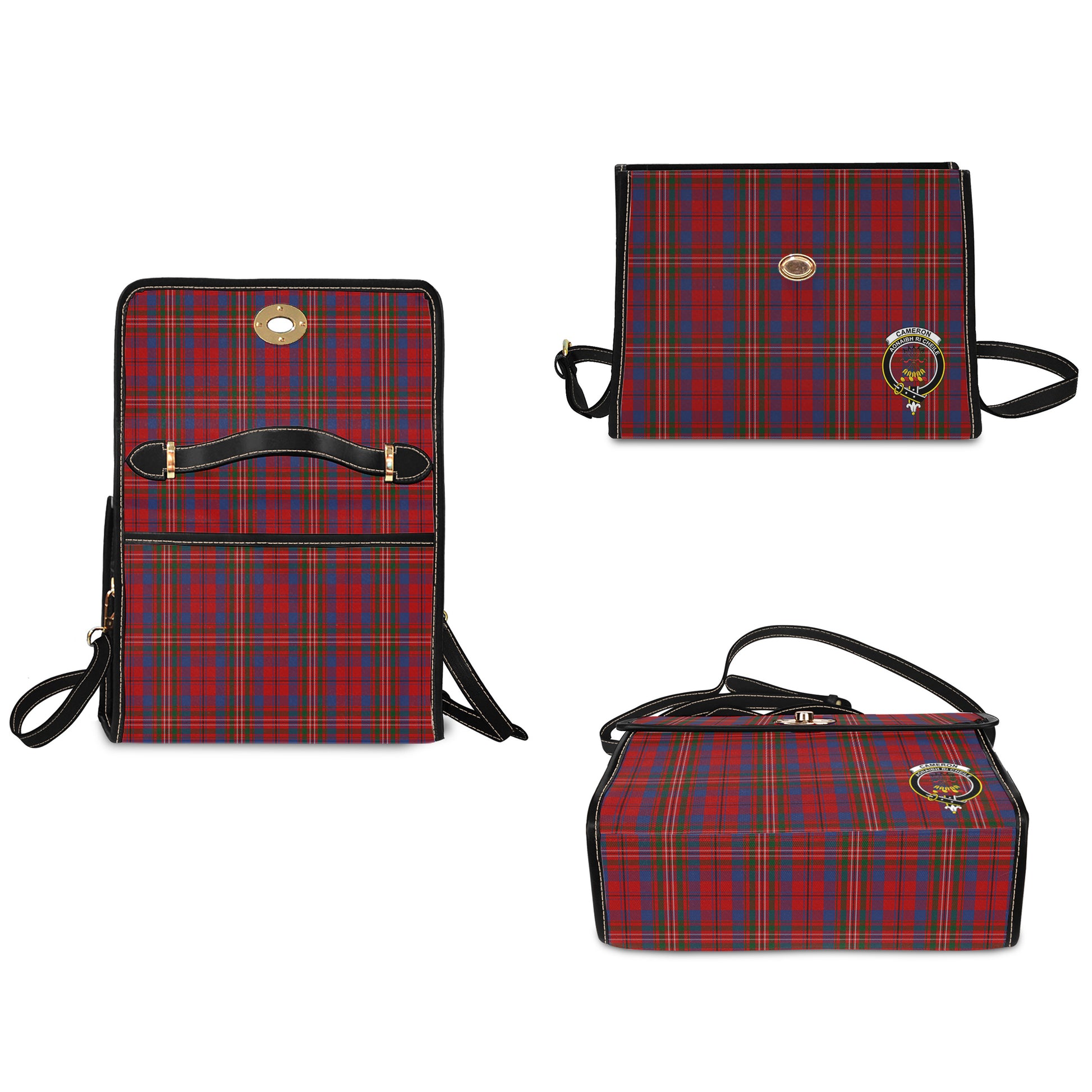 cameron-of-locheil-tartan-leather-strap-waterproof-canvas-bag-with-family-crest