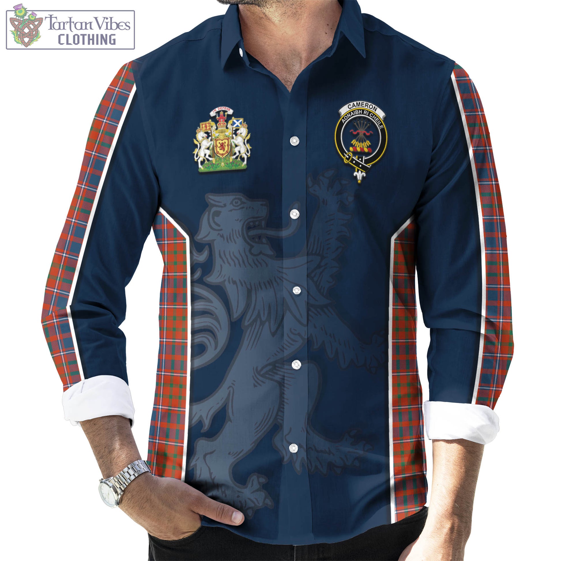 Tartan Vibes Clothing Cameron of Lochiel Ancient Tartan Long Sleeve Button Up Shirt with Family Crest and Lion Rampant Vibes Sport Style