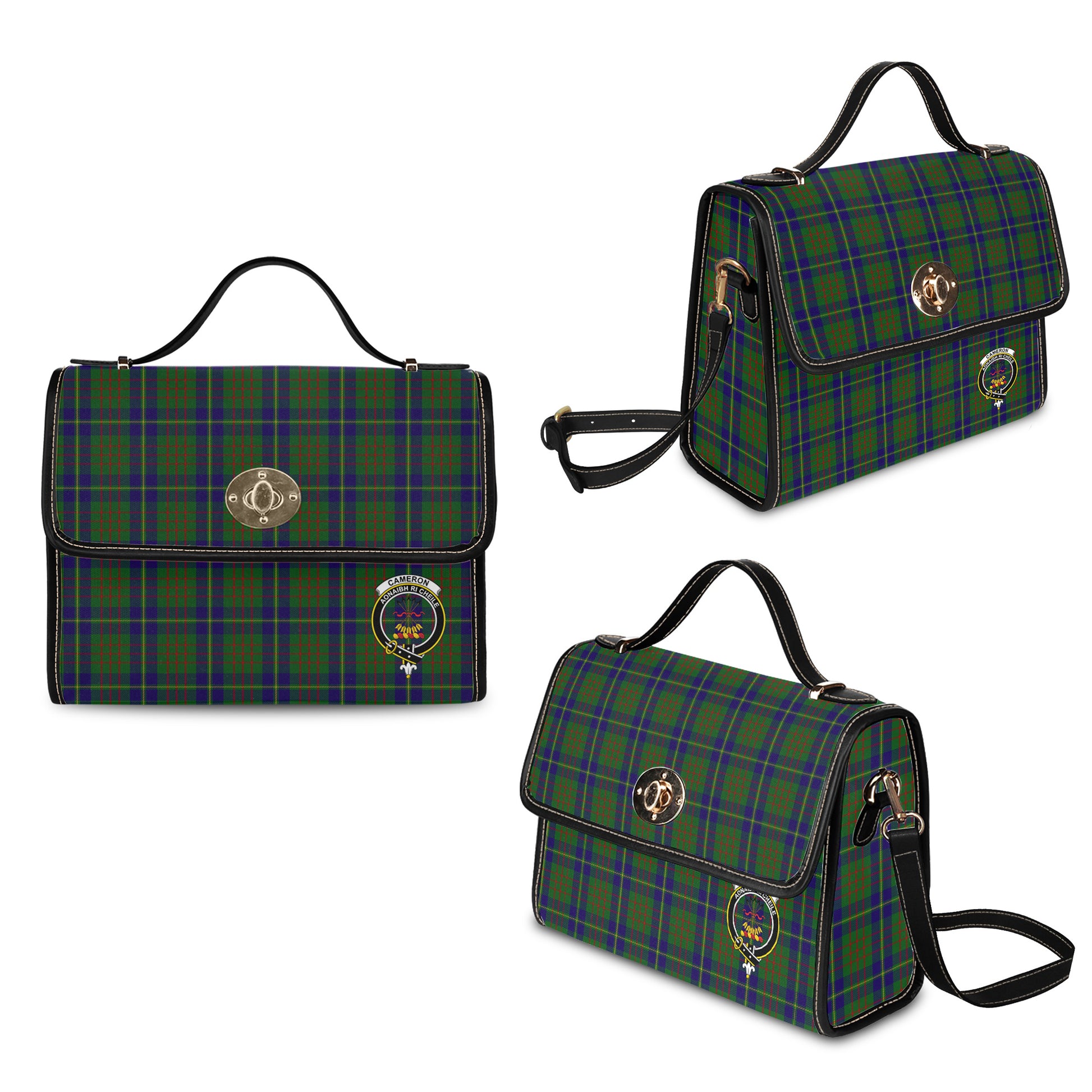 cameron-of-lochiel-hunting-tartan-leather-strap-waterproof-canvas-bag-with-family-crest