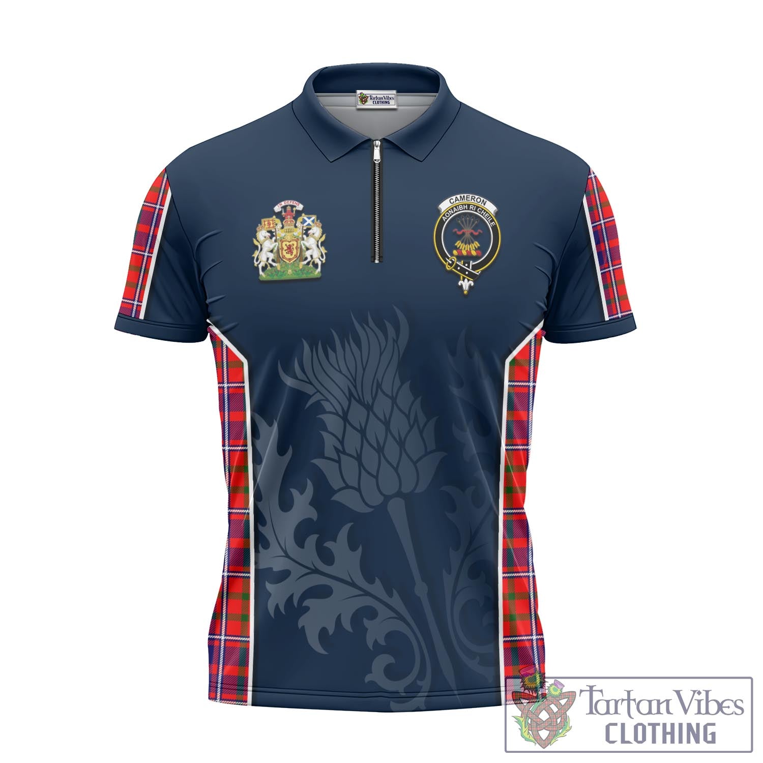 Tartan Vibes Clothing Cameron of Lochiel Modern Tartan Zipper Polo Shirt with Family Crest and Scottish Thistle Vibes Sport Style