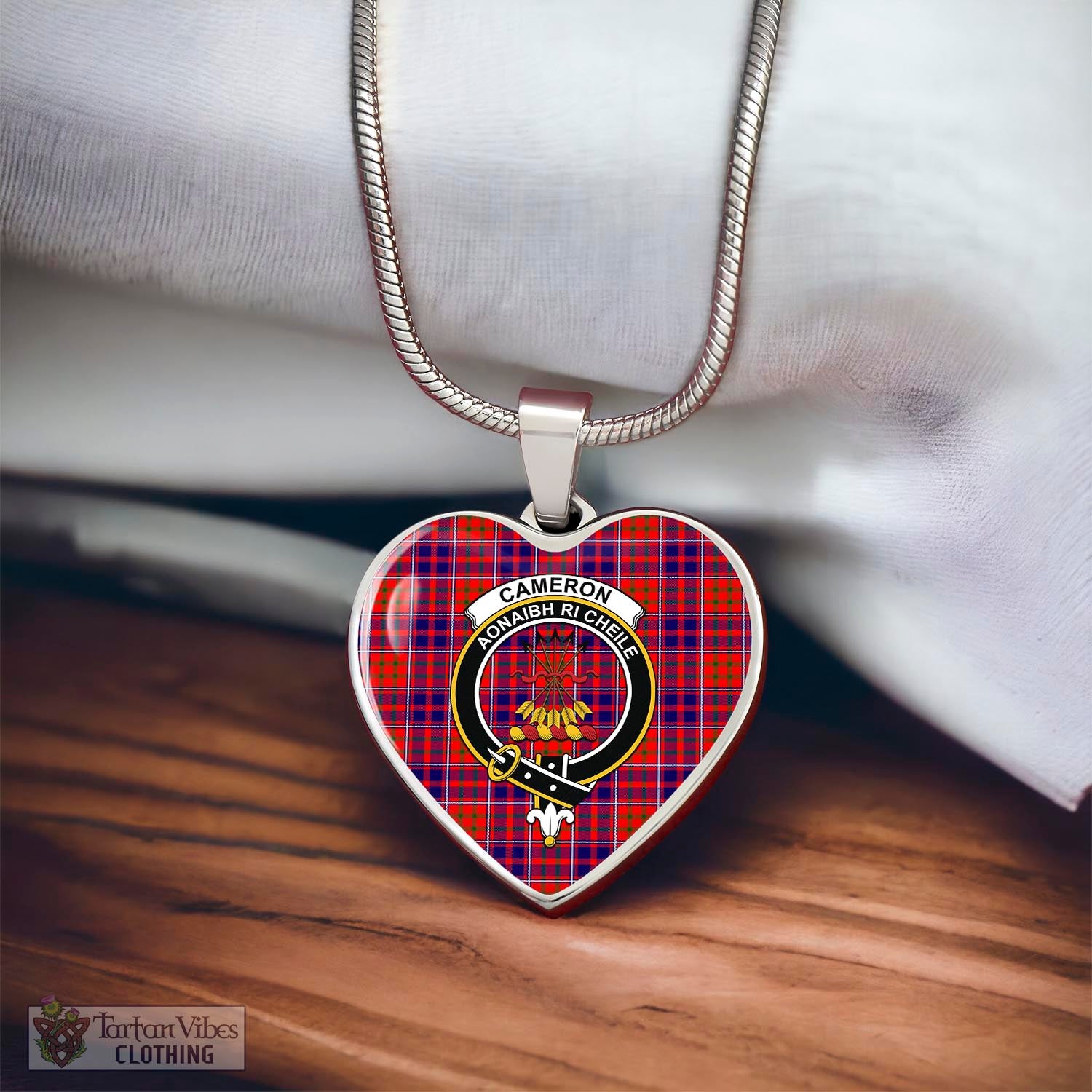 Tartan Vibes Clothing Cameron of Lochiel Modern Tartan Heart Necklace with Family Crest