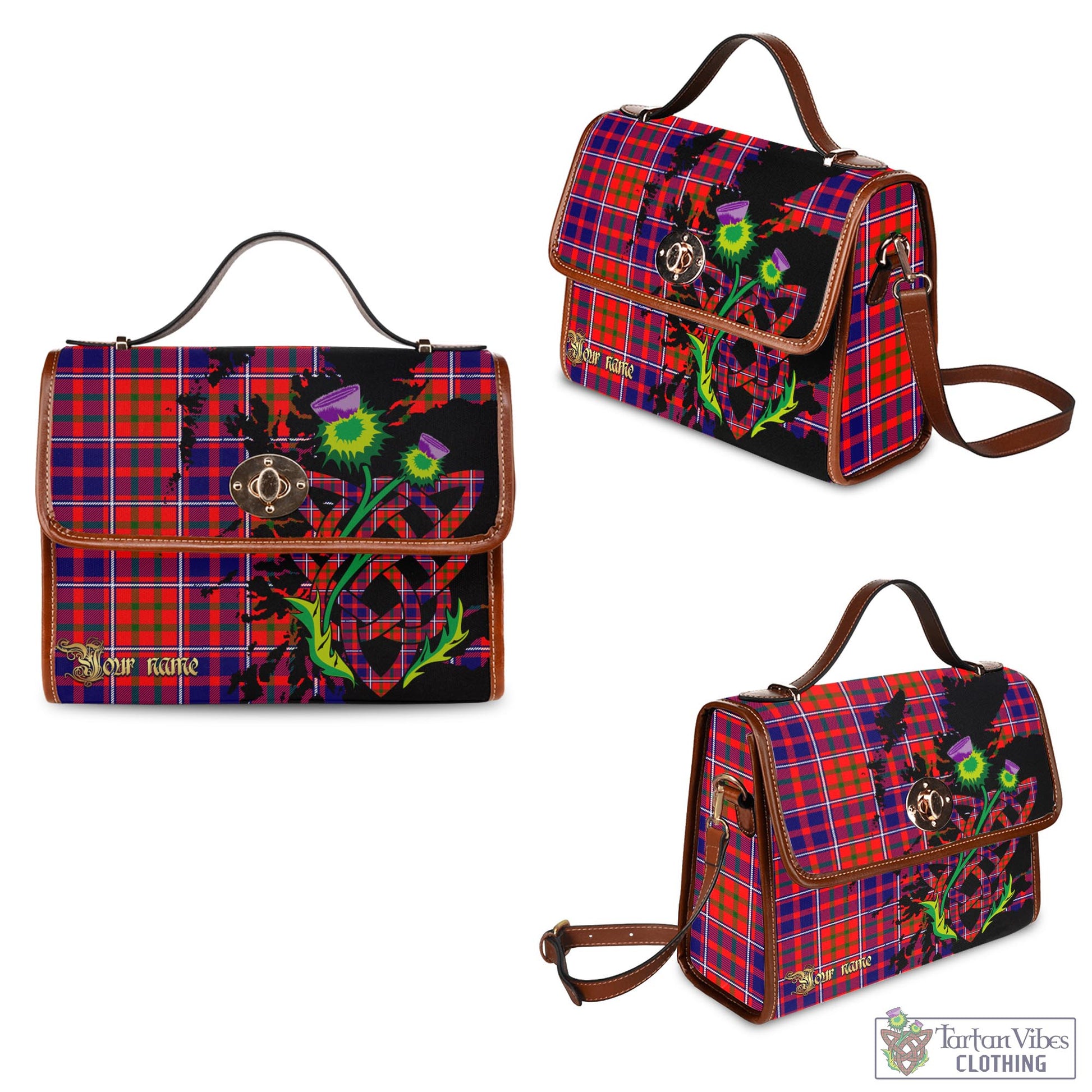 Tartan Vibes Clothing Cameron of Lochiel Modern Tartan Waterproof Canvas Bag with Scotland Map and Thistle Celtic Accents